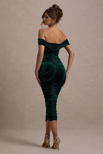 Gratitude Bottle Green Velvet Off The Shoulder Ruched Midi Dress